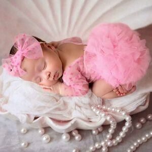 Newborn Photography Props - Baby Polka Dot Lace Bodysuit & Bow Headband Set